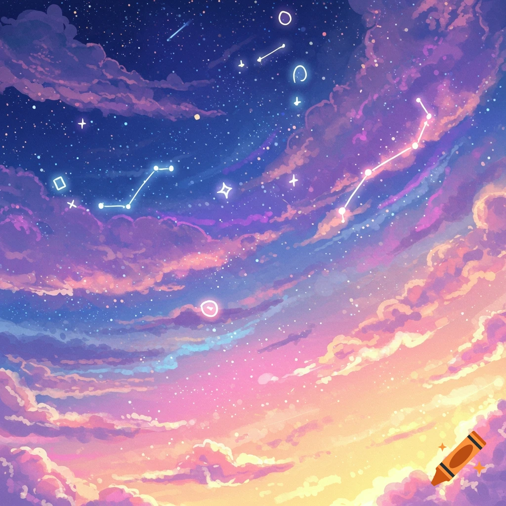 Vibrant, stylized sky with pink and purple clouds, glowing stars, and constellations in an anime art style.