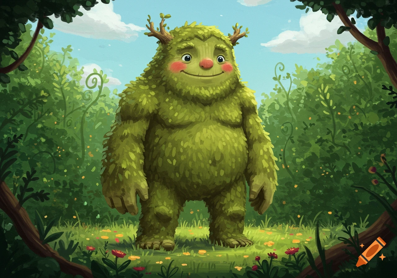 A whimsical digital illustration of a friendly green moss creature with rosy cheeks and antler-like branches standing in a lush forest.