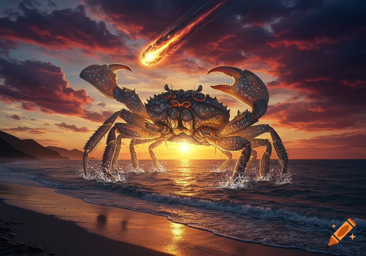 Giant stylized crab emerges from the ocean at sunset as a fiery meteorite streaks across the sky.