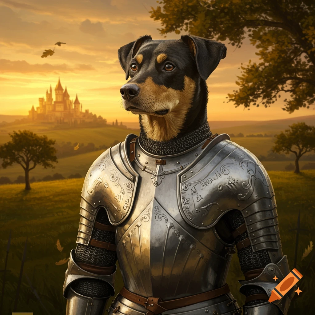 A dog wearing knight's armor stands in a golden field with a castle at sunset in the background.