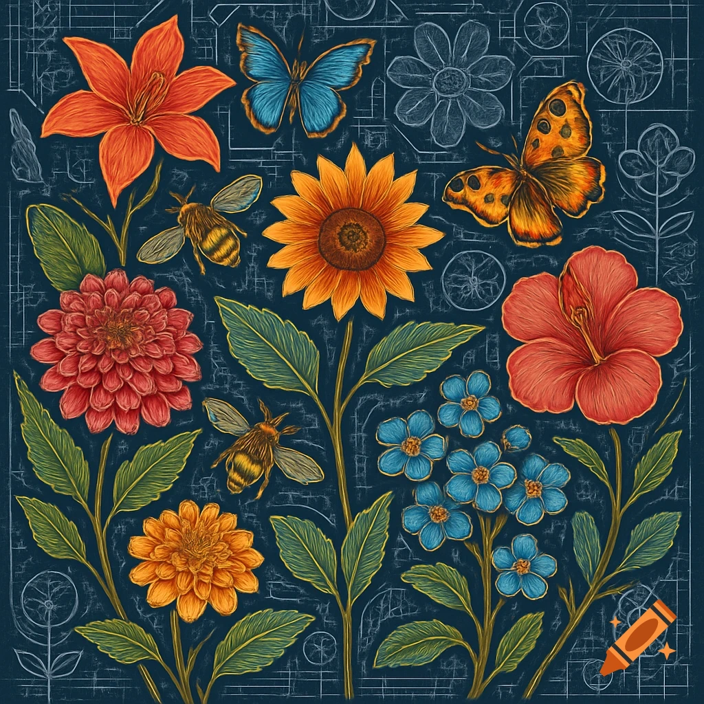 A vibrant botanical illustration against a dark blueprint background, featuring various colorful flowers, two butterflies, and two bees.