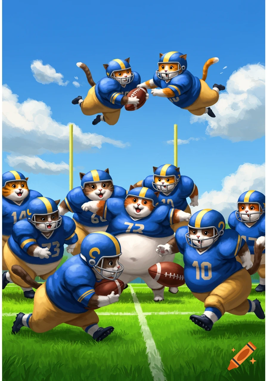 Cartoon fat cats in blue and gold football uniforms play American football on a green field with a blue sky, two cats jumping for a pass.