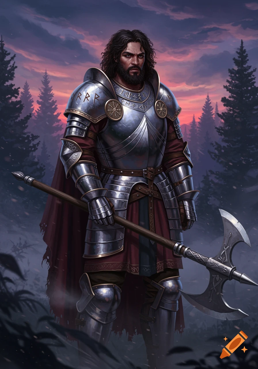 A dark-haired bearded male warrior in shining half-plate armor and a red cape holds a halberd in a forest at sunset.