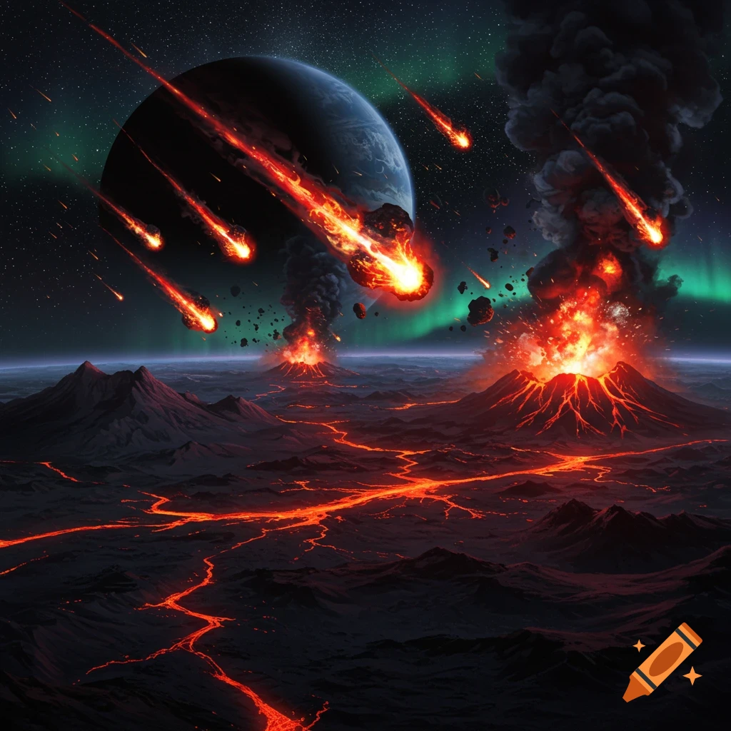 Asteroids bombard an alien planet with erupting volcanoes and flowing lava under a starry sky with aurora borealis.