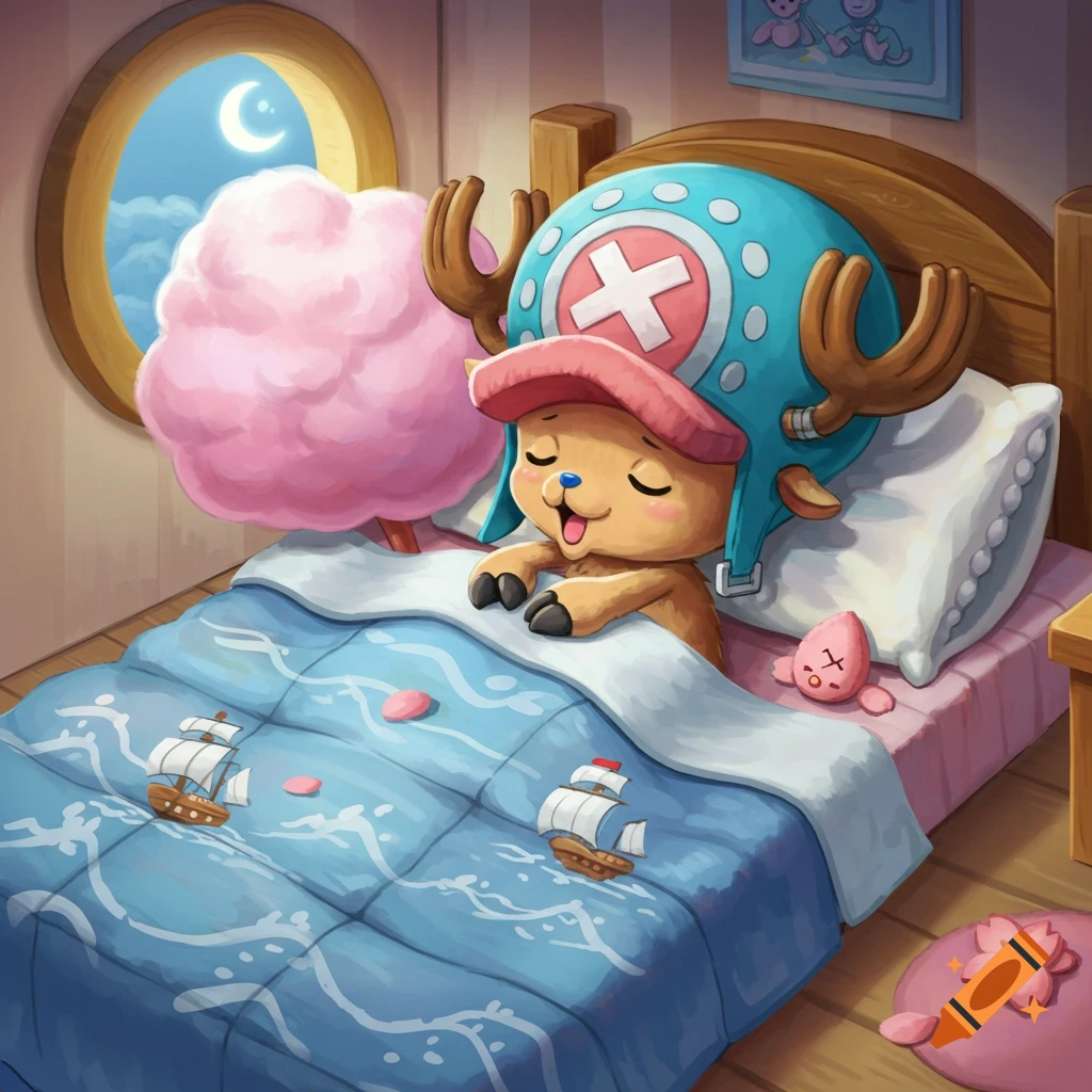 Tony Tony Chopper from One Piece adorably sleeps in a bed with ships on the blanket, a pink cotton candy cloud outside his window, under a crescent moon.