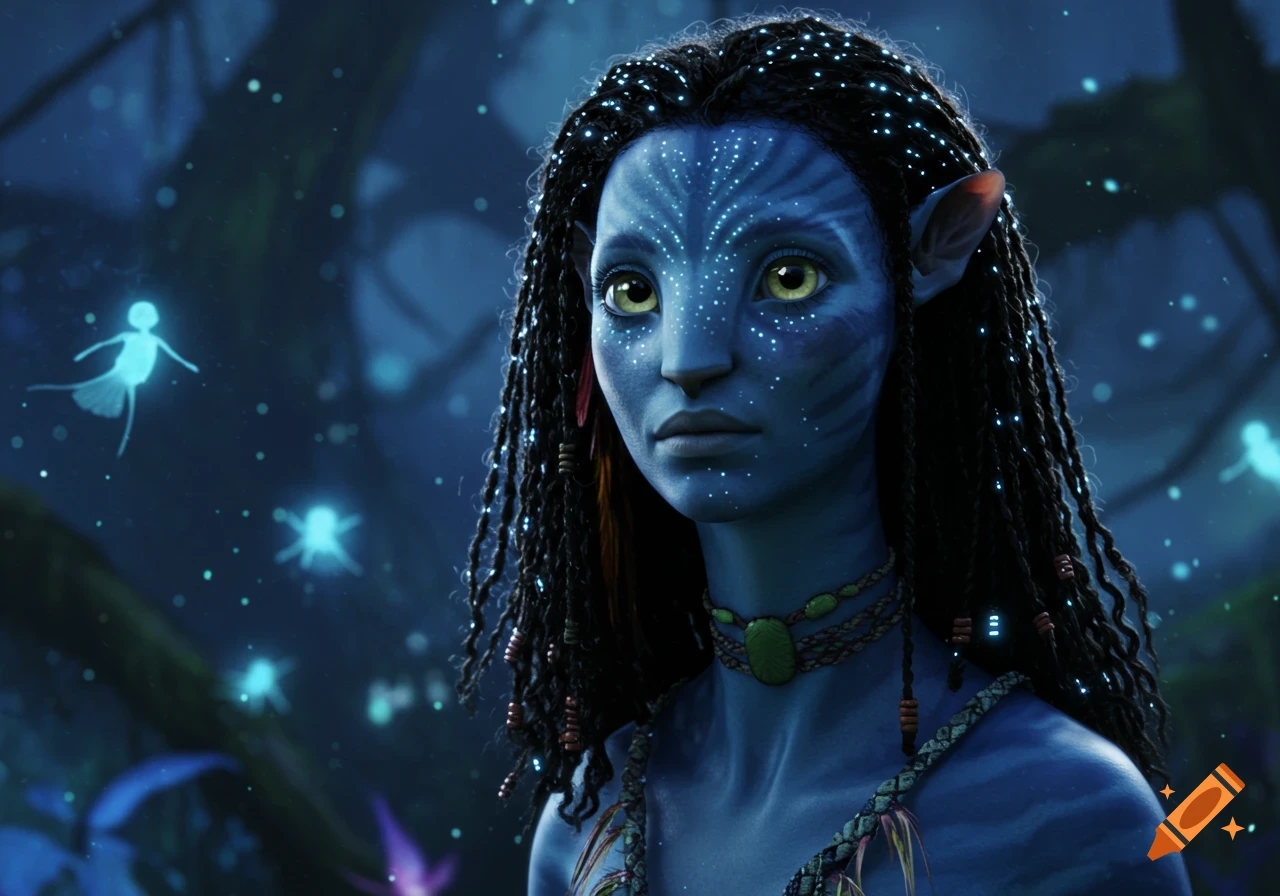 A close-up of a blue-skinned Na'vi woman from Avatar with glowing facial spots and braided hair, set in a bioluminescent forest.