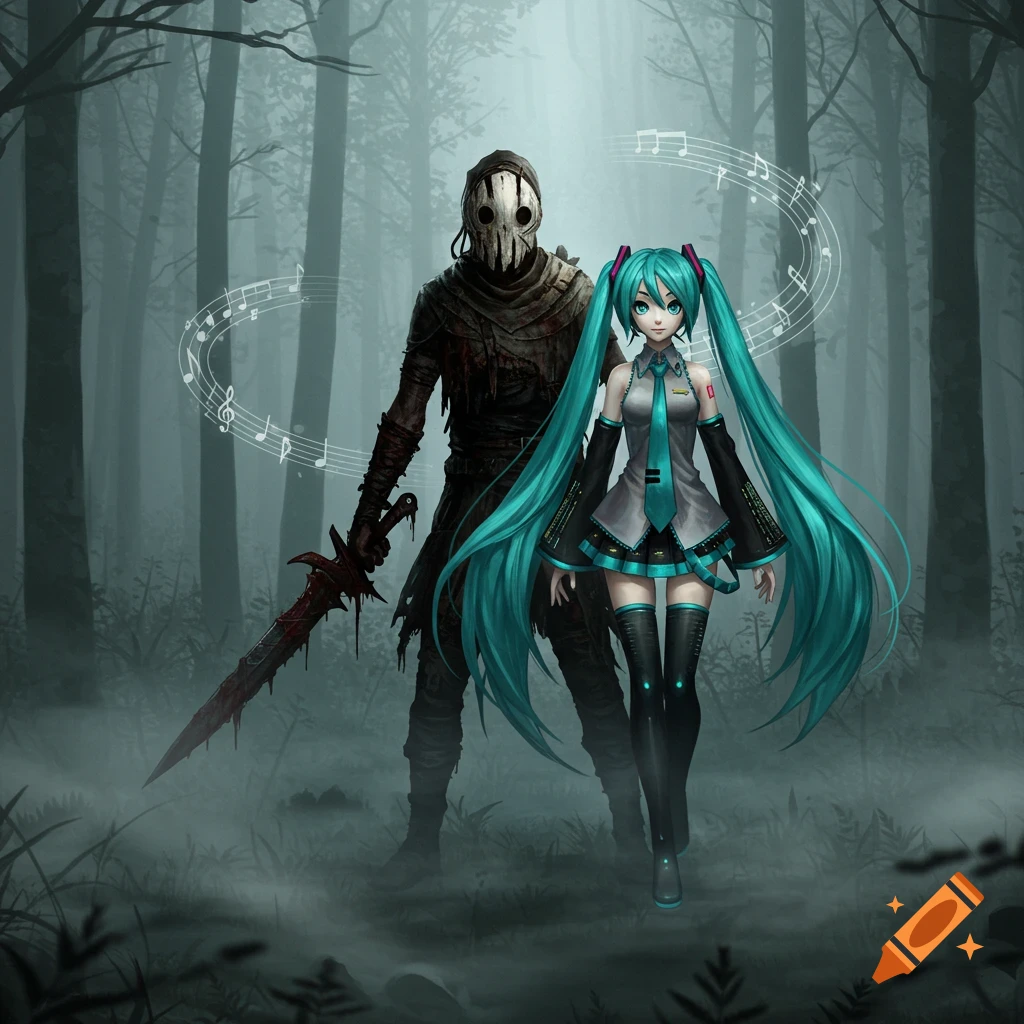 The Unknown from Dead by Daylight, a masked horror character with a bloody sword, stands with Hatsune Miku in a dark, misty forest.