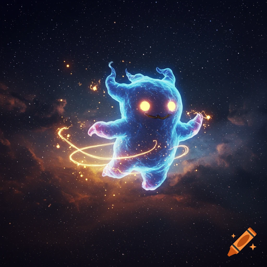 A glowing, ethereal blue creature with orange eyes and small horns floats in a star-filled cosmic space with swirling golden light.