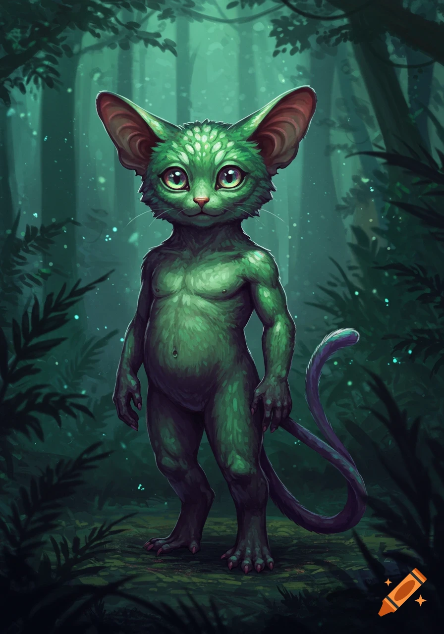 A vibrant green, muscular, cat-like humanoid creature with large ears and eyes stands in a lush, dark green forest.