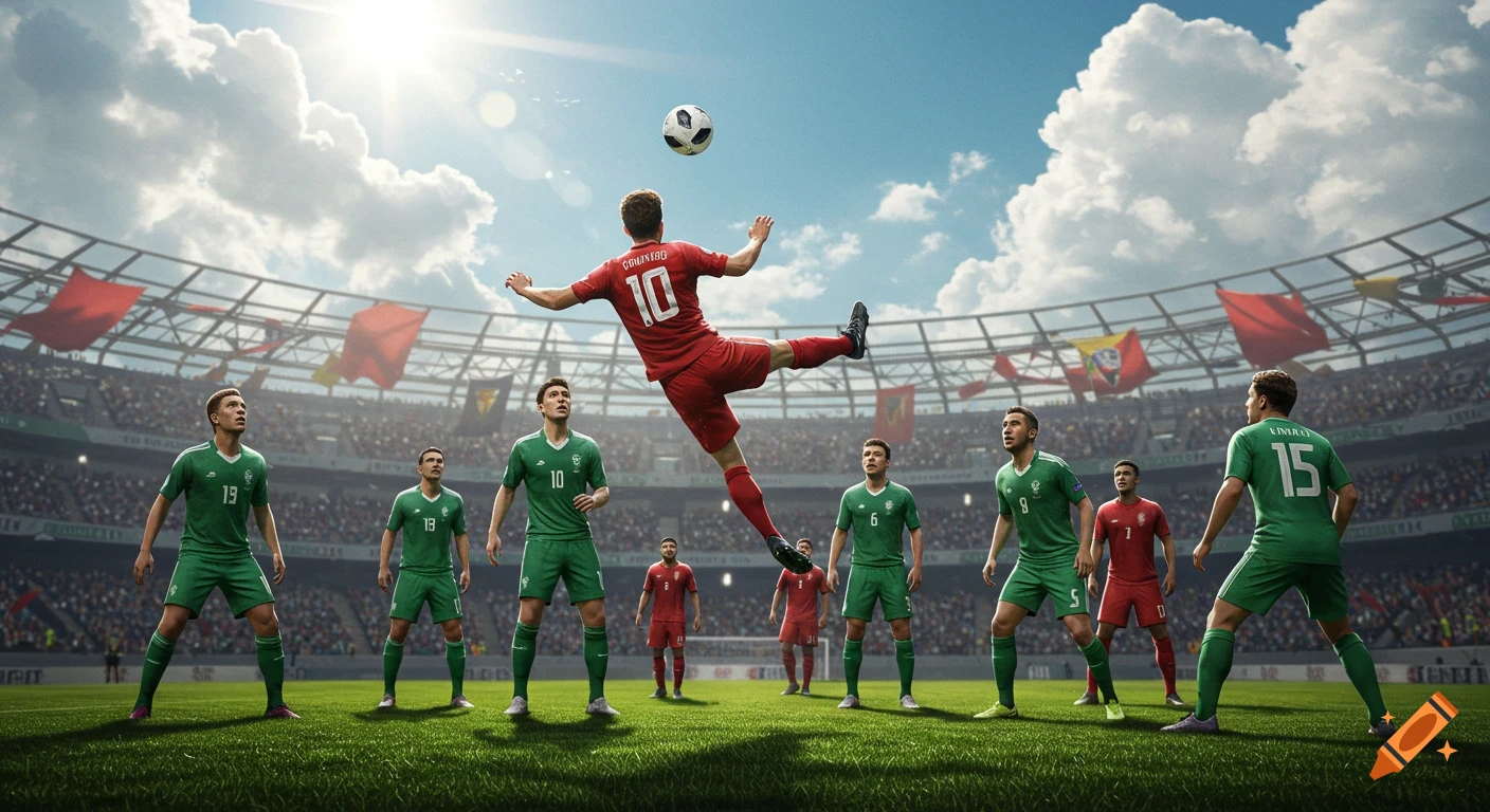 A soccer player in a red jersey performs a bicycle kick with the ball in the air, surrounded by green-jerseyed defenders on a vibrant green field in a sunlit stadium.