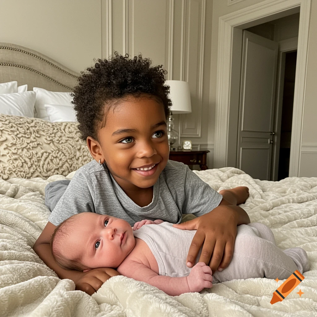 A young boy with curly hair and green eyes lies on a bed, smiling at a newborn baby brother beside him.
