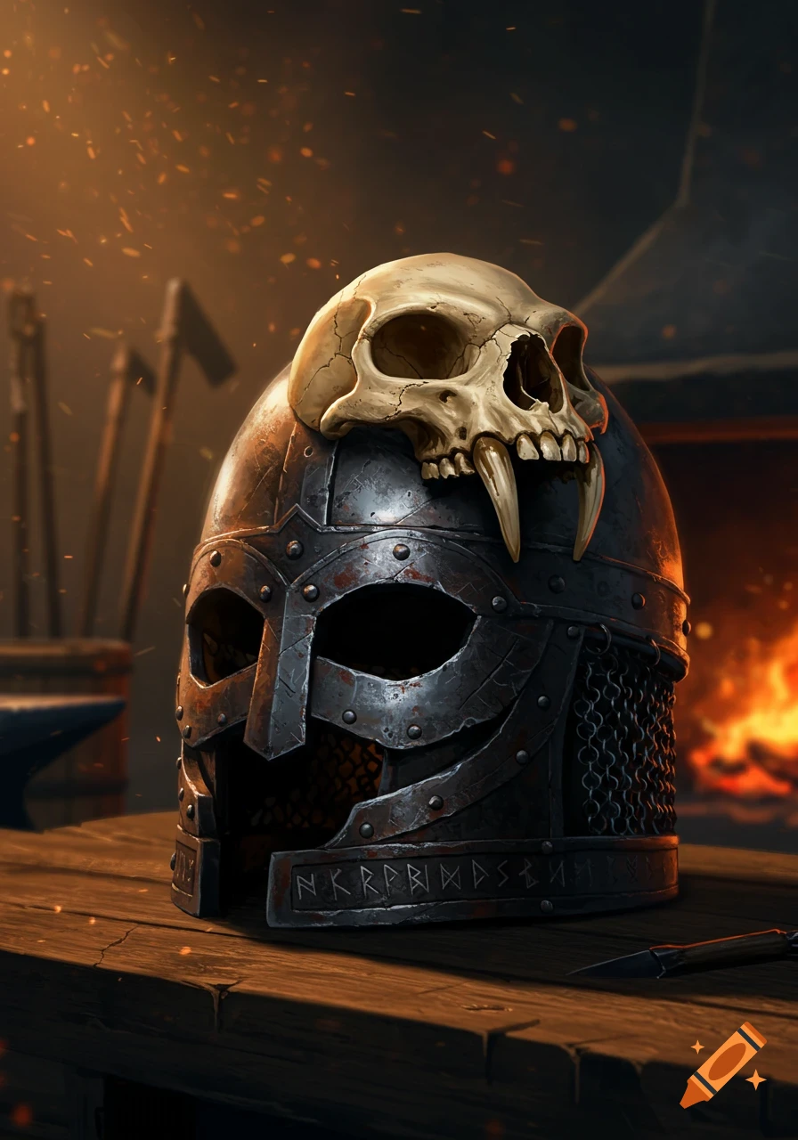A detailed, weathered viking helmet with a skull featuring fangs on top, set in a blacksmith's workshop with a fire in the background.