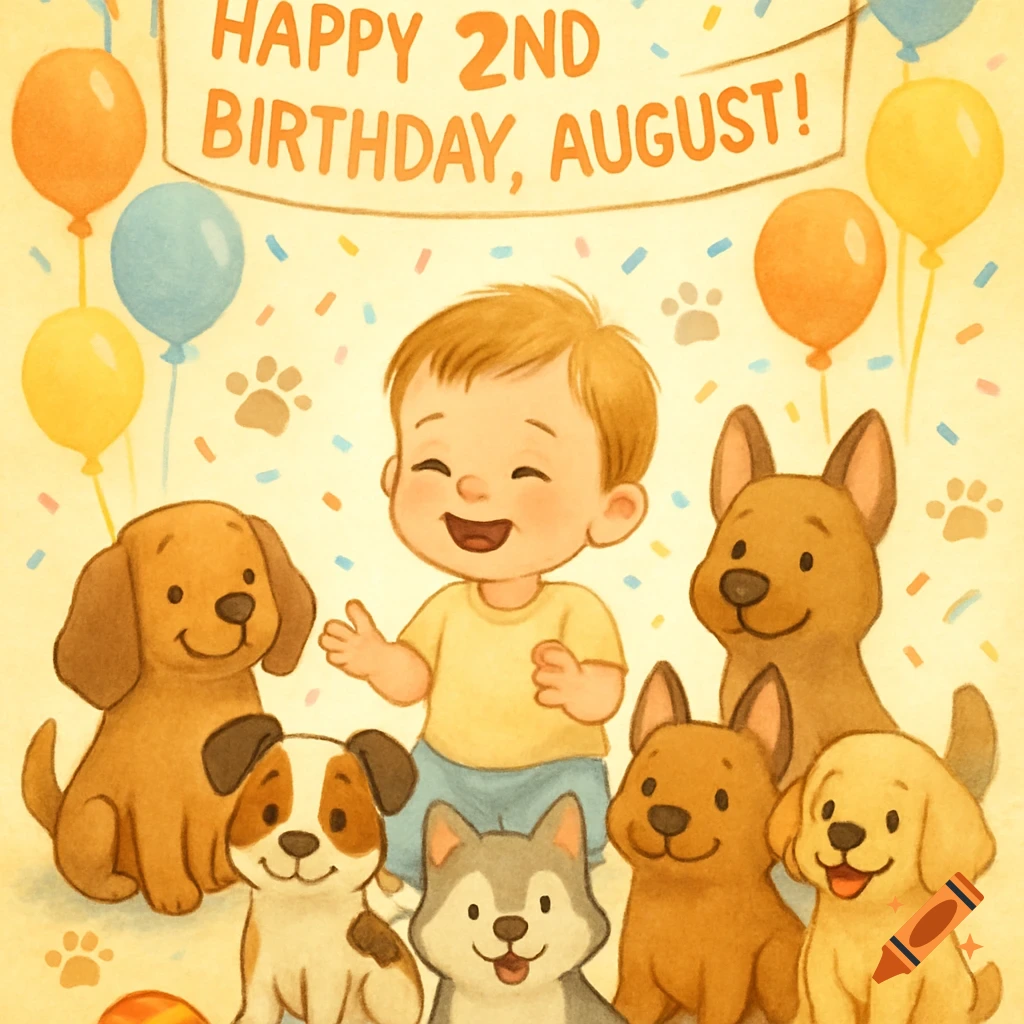 A joyful cartoon baby boy surrounded by six adorable dogs and colorful balloons under a banner reading 'HAPPY 2ND BIRTHDAY, AUGUST!'