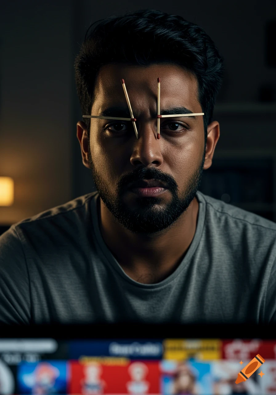 Photorealistic portrait of an exhausted Indian man with matchsticks taped to his face, watching a blurry TV screen in a dimly lit room.