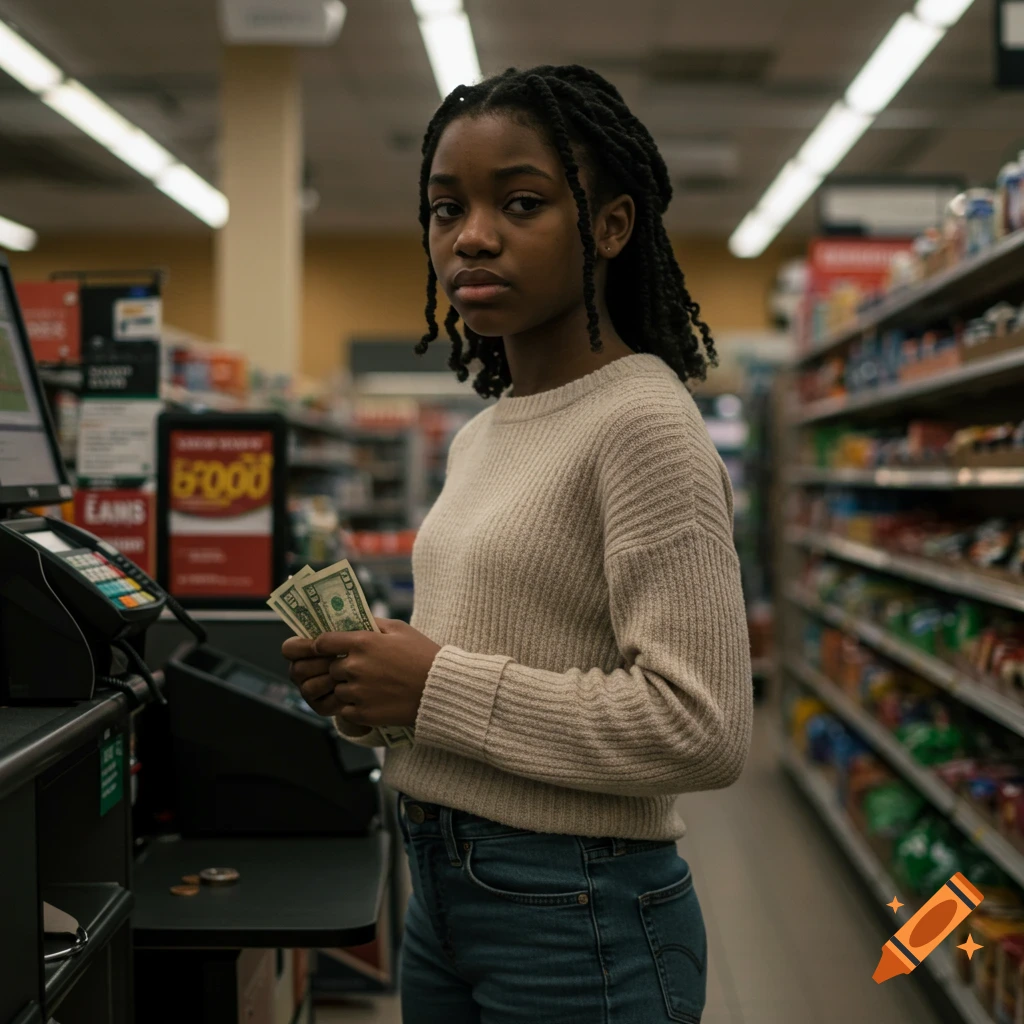 Photorealistic image of a serious Black teen girl holding money in a grocery store checkout aisle.