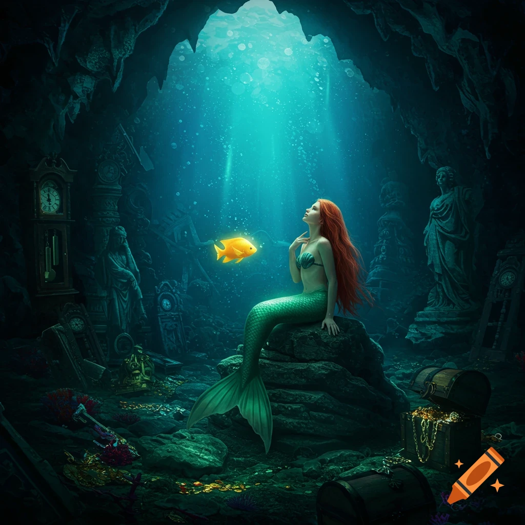 A red-haired mermaid with a green tail sits on a rock in a dark underwater cave, looking up at light beams.