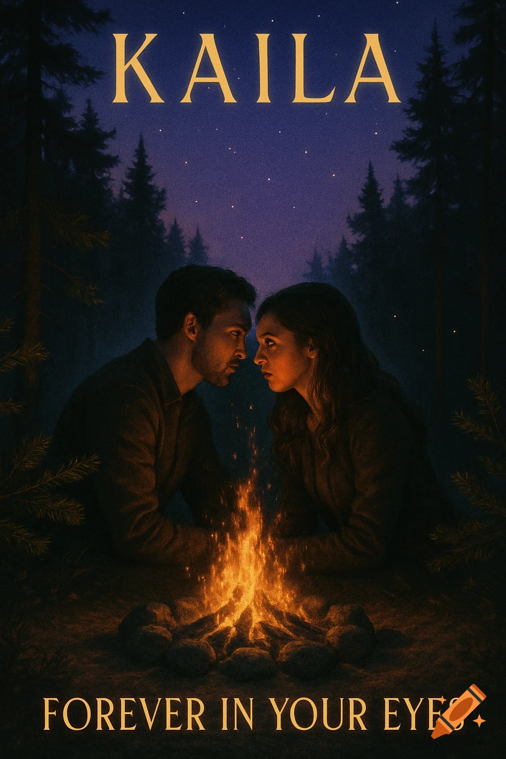 A movie poster with a man and woman gazing at each other over a campfire in a dark forest. Text: "KAILA" and "FOREVER IN YOUR EYES".
