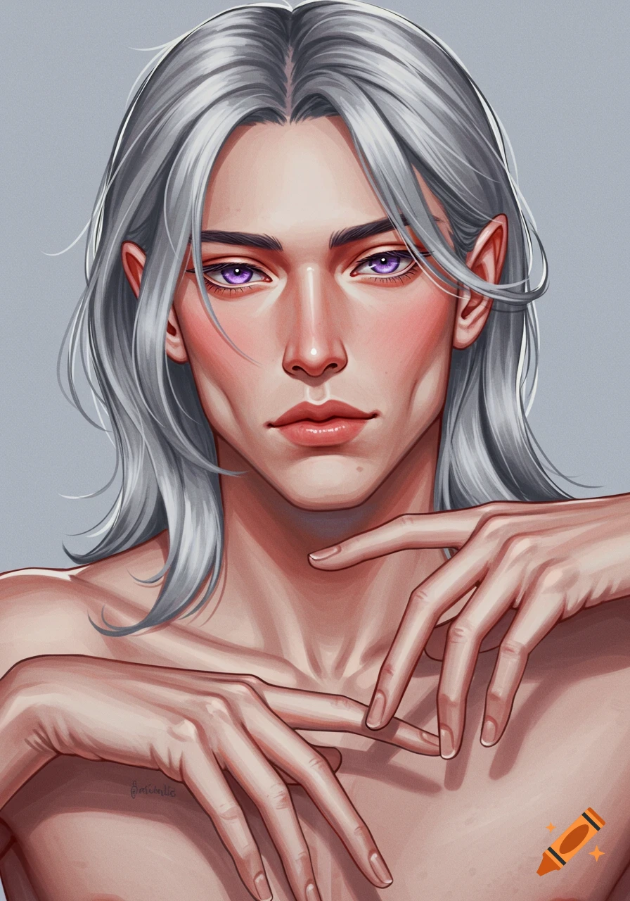 Digital portrait of an individual with long silver hair, purple eyes, and pointed ears, looking forward with hands crossed.