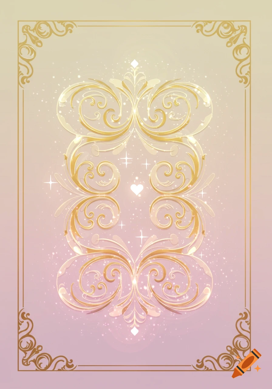 Symmetrical gold ornate design with magical glowing motifs and sparkles on a pastel gradient background, framed by gold accents.