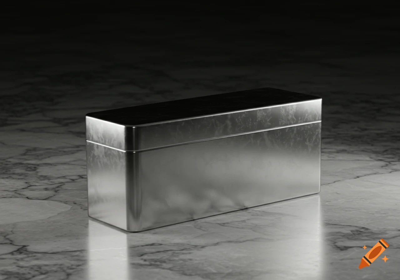 A shiny metallic rectangular box sits on a dark marble surface, reflecting light.