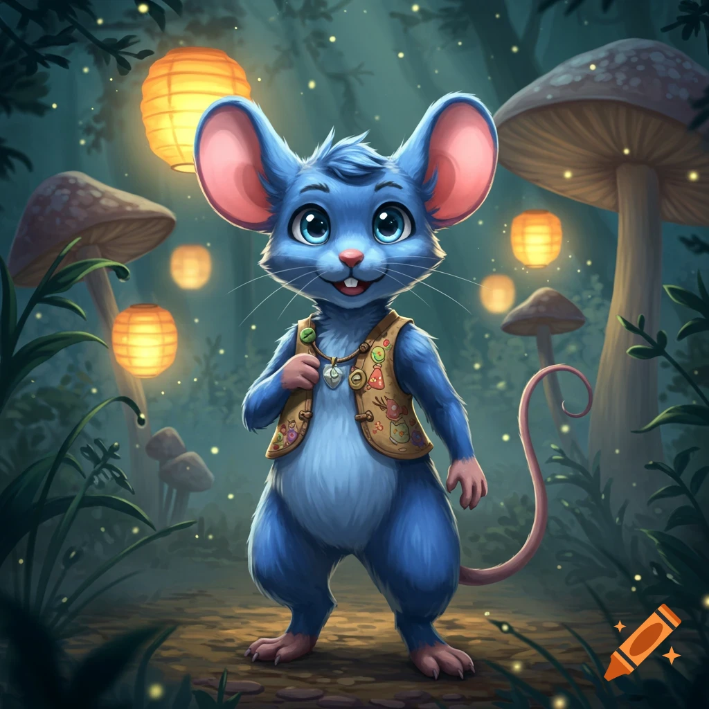A cute blue mouse in a vest stands in a magical forest with glowing lanterns and mushrooms.