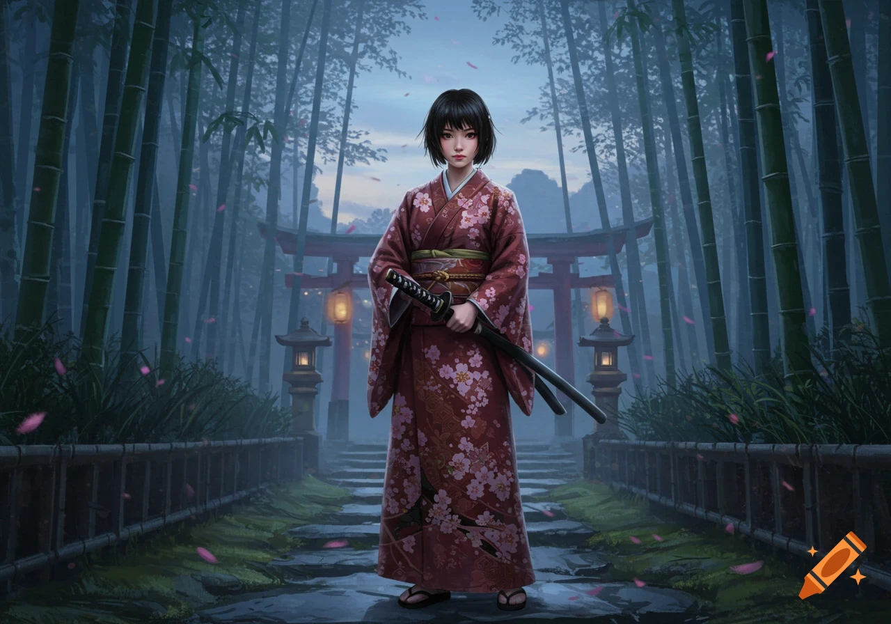 A Japanese woman in a kimono holds a katana in a bamboo forest with a Torii gate.