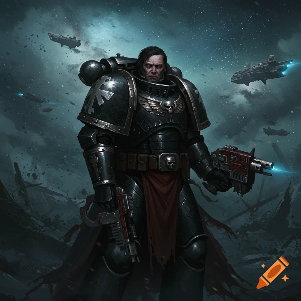 A grim dark space marine in black power armor holding two sci-fi weapons stands on a battlefield under a stormy alien sky with spaceships.