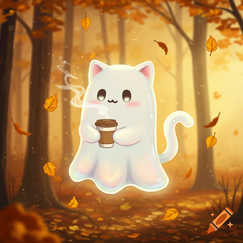 A cute ghost cat holding a coffee cup floats in an autumn forest with falling orange leaves.
