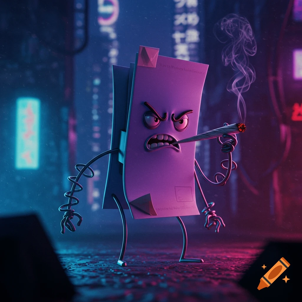 Angry purple paper character, resembling Clippy, smoking a blunt on a neon-lit cyberpunk city street in a 3D render.