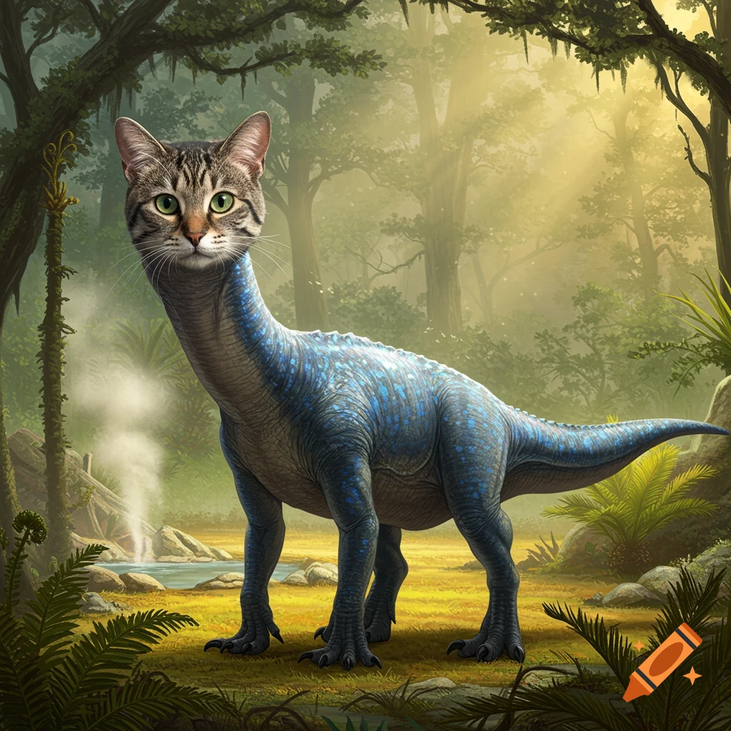 A tabby cat's head on a blue dinosaur's body, standing in a lush, sunlit prehistoric jungle.
