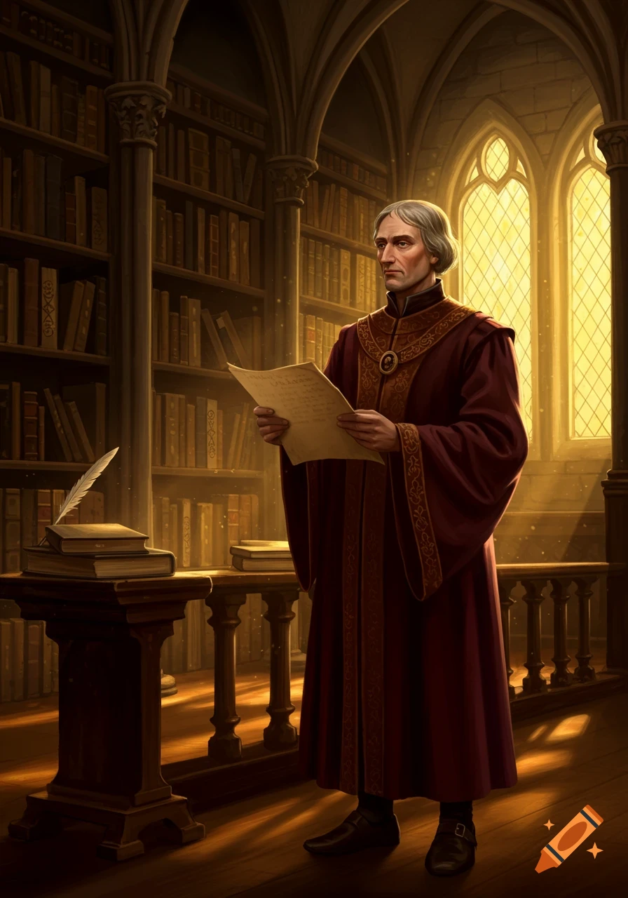 A medieval scholar in a red robe reads a document in a sunlit gothic library filled with books.