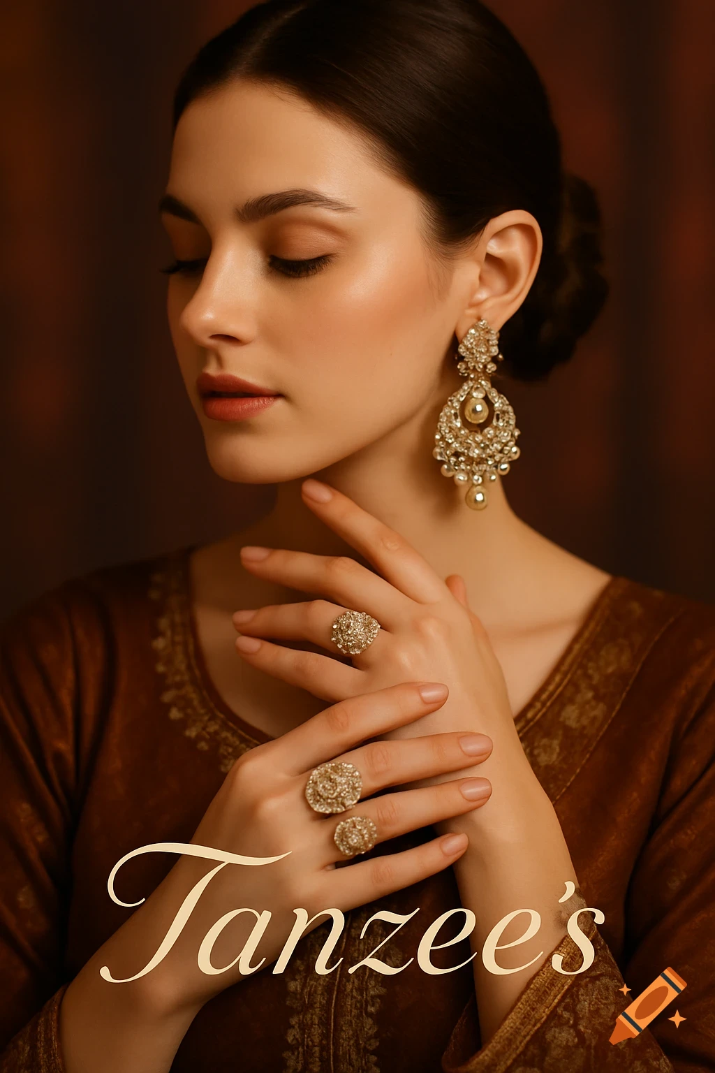 A woman with dark hair wearing elegant Pakistani-style earrings and rings, looking down with her hands crossed. The text "Tanzee's" is at the bottom.