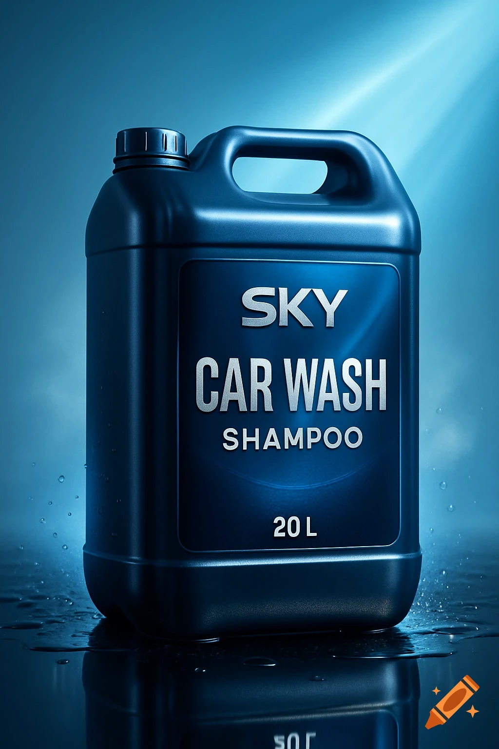 A dark blue plastic container of SKY Car Wash Shampoo, 20 L, sitting on a wet, reflective surface with a blue background, photorealistic.