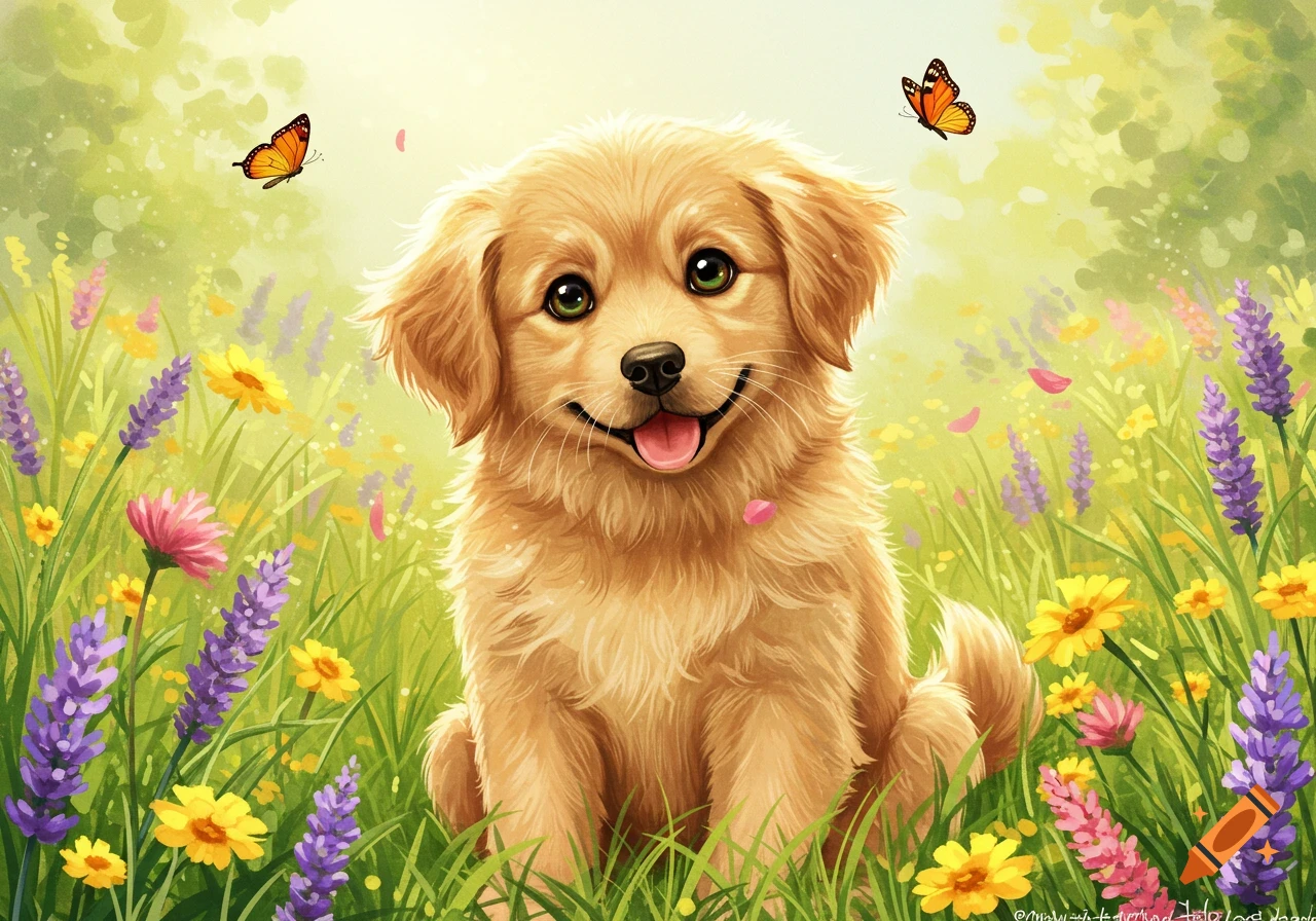 A cheerful illustration of a cute golden retriever puppy smiling in a field of colorful flowers with butterflies.