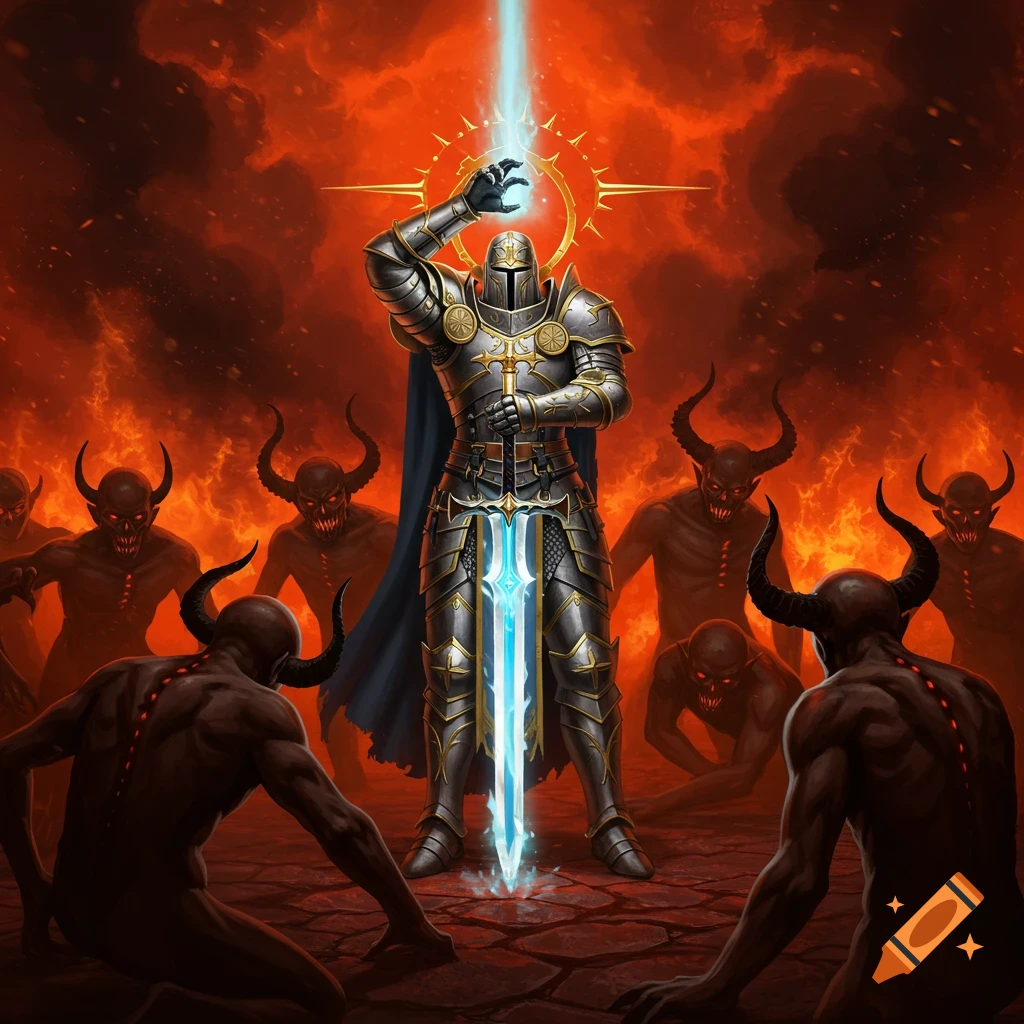 A holy warrior in shining armor stands with a glowing blue sword in a fiery realm, surrounded by menacing red-eyed demons.