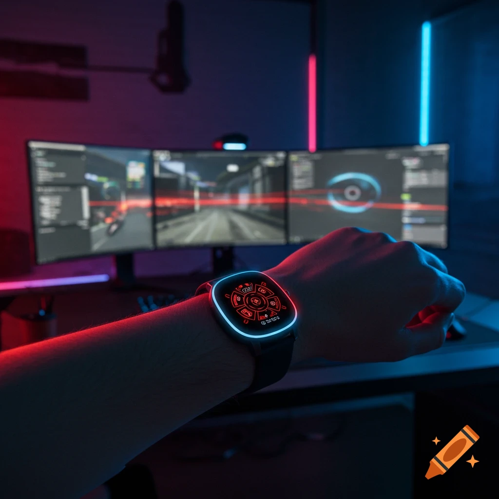Close-up of a person's arm wearing a glowing smartwatch in a neon-lit gaming setup with multiple monitors.