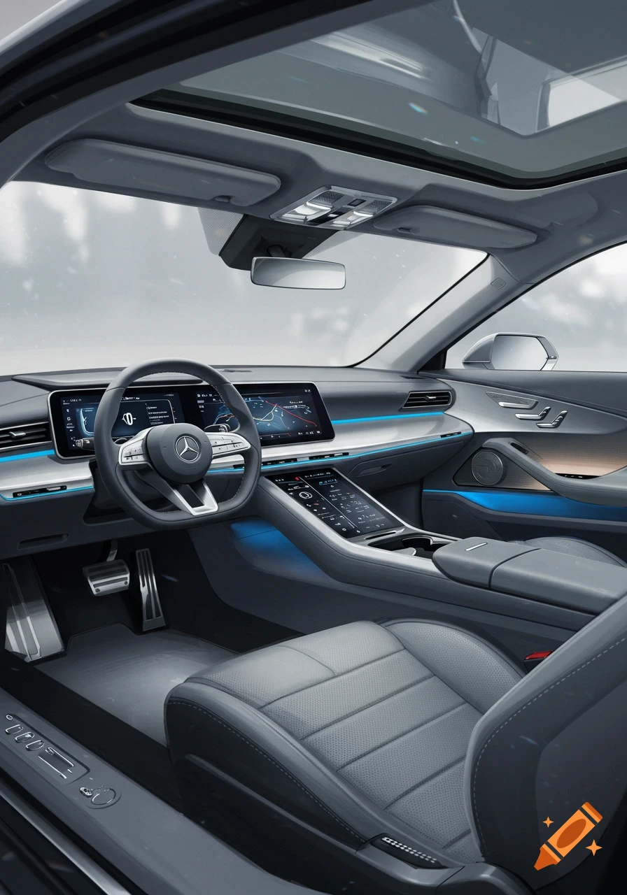 Photorealistic interior of a modern car with a gray dashboard, blue ambient lighting, and multiple digital screens.