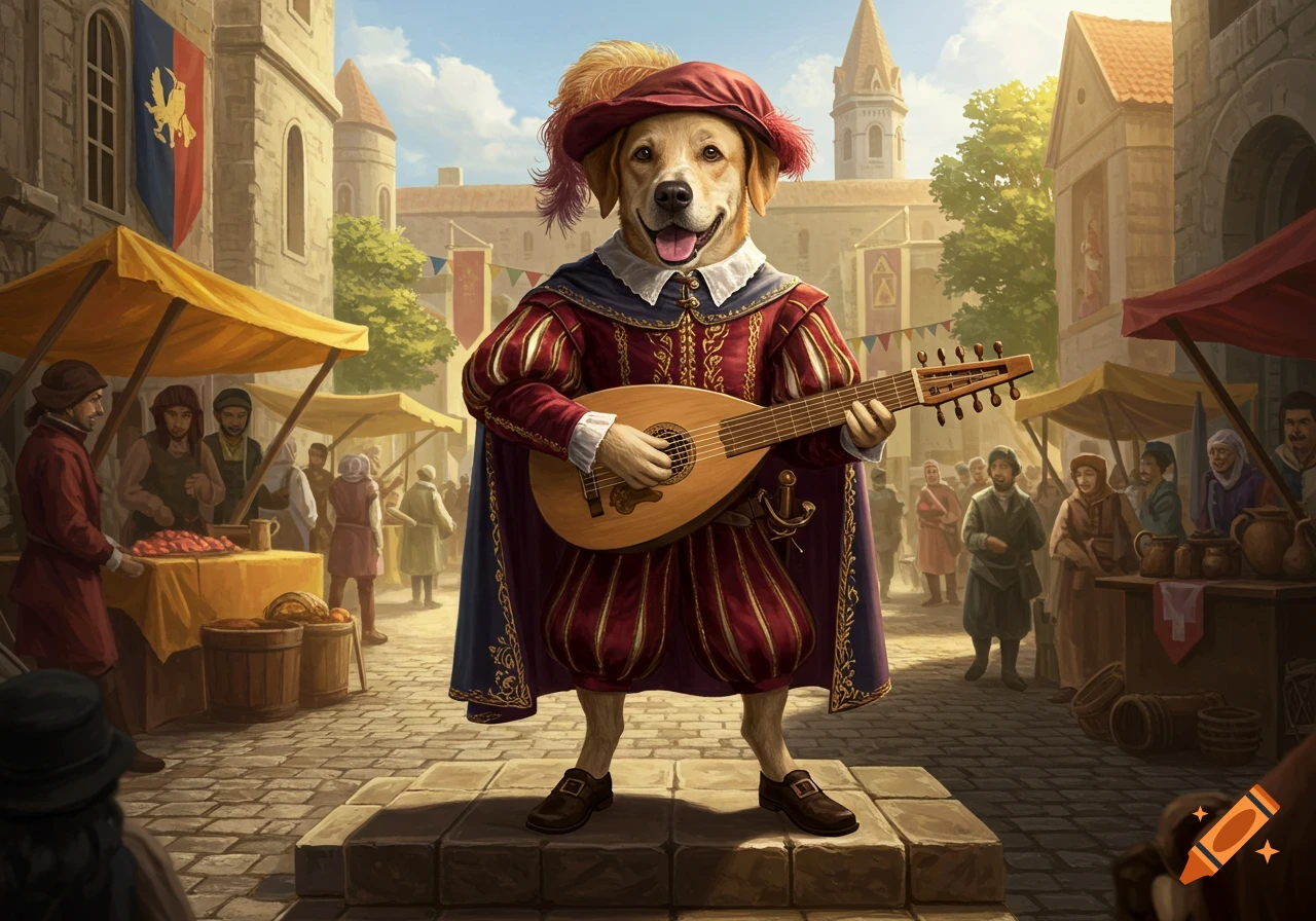 A golden retriever in medieval attire plays a lute in a busy market square.