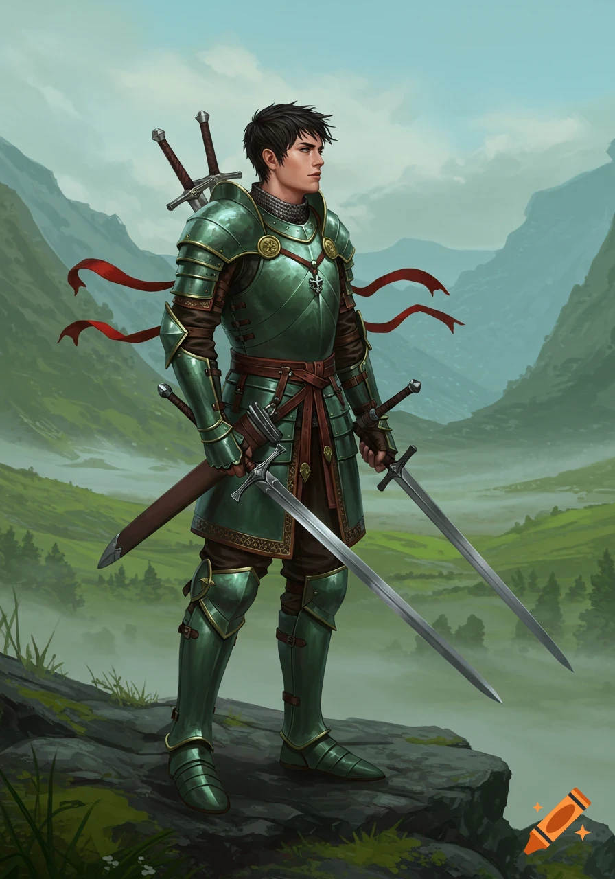 Young warrior in green armor with multiple swords stands on a rocky outcrop looking over a misty mountain landscape.