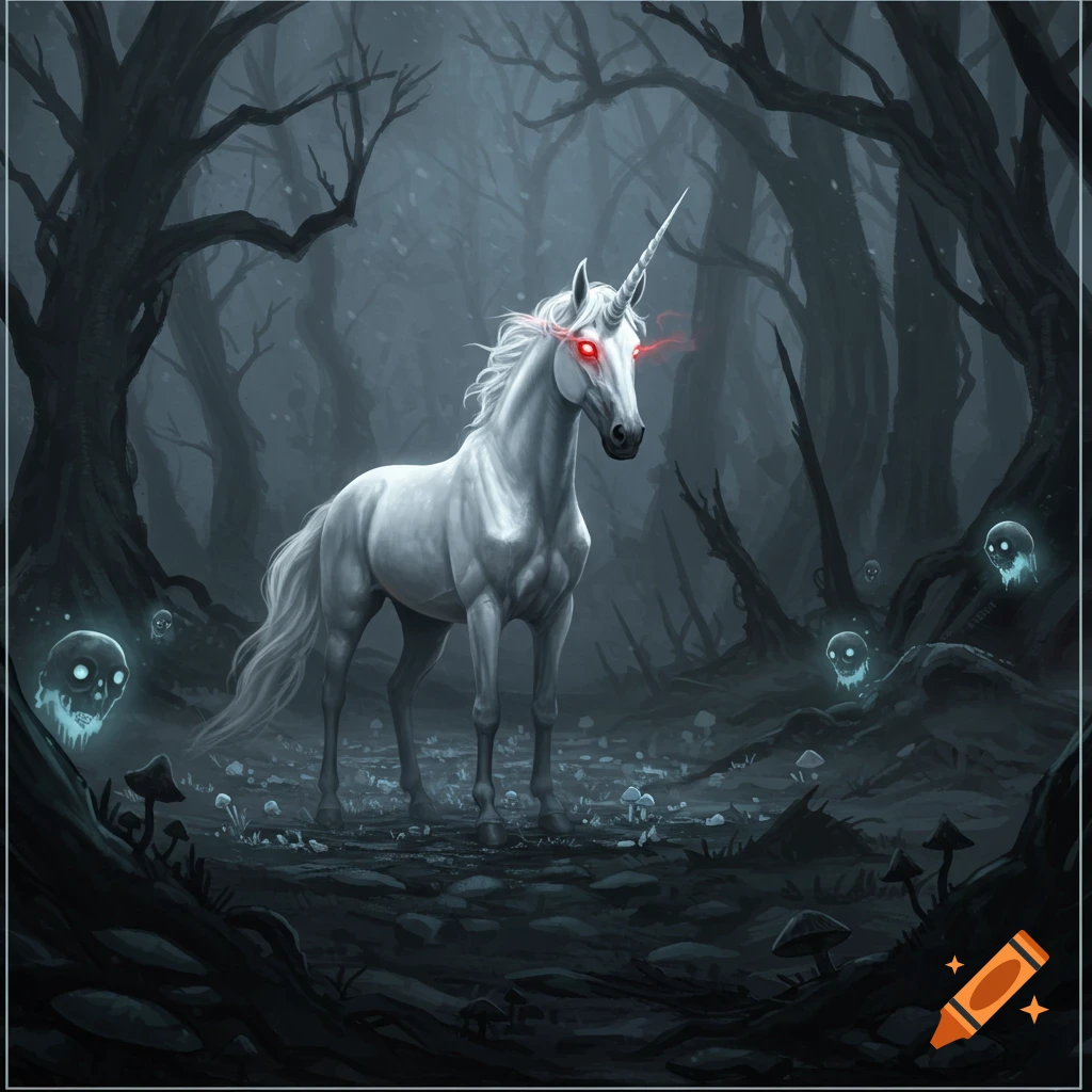 An ominous white unicorn with glowing red eyes stands in a dark, creepy forest surrounded by bare trees and glowing skulls.