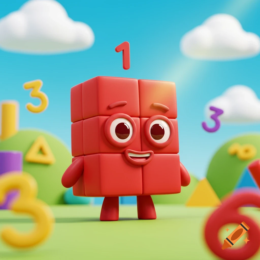 A cheerful red block character with eyes and a smile, with a number '1' floating above its head, in a colorful cartoon landscape.