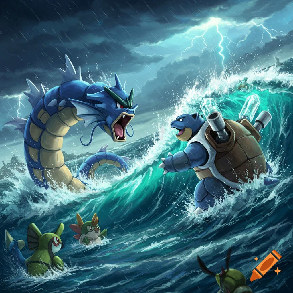 Gyarados and Blastoise battle in a stormy ocean with lightning, while other smaller Pokémon swim nearby.