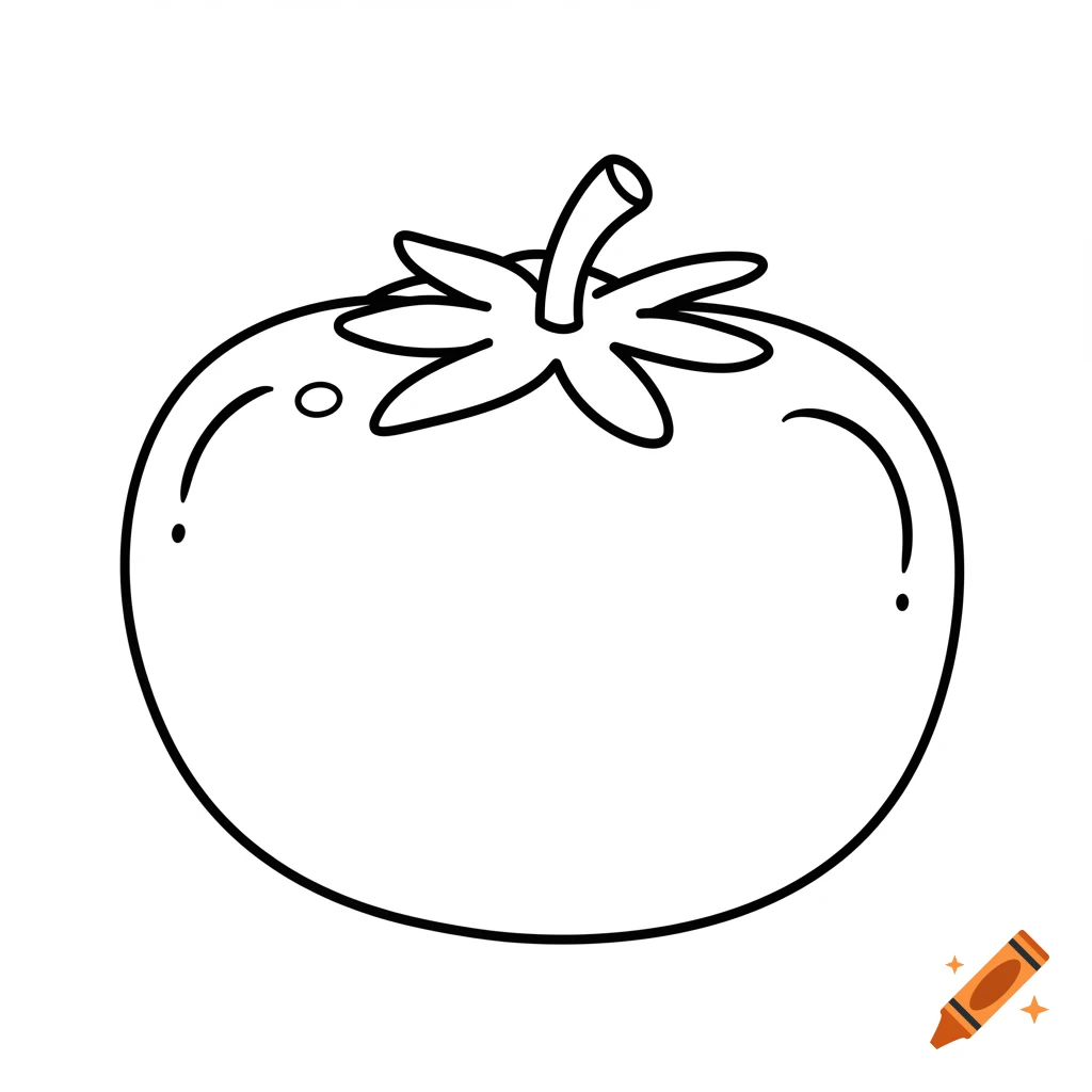 Black and white outline drawing of a simple, cute tomato for a coloring book.