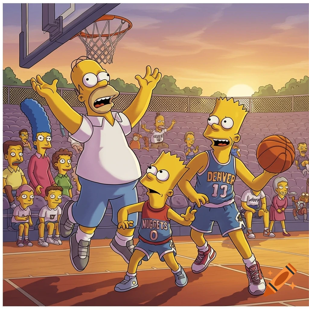 Homer and Bart Simpson playing basketball on a court, with Bart wearing a Denver Nuggets jersey, in a cartoon style.