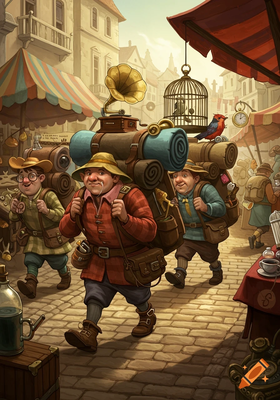 Stylized illustration of three men carrying large packs, including a gramophone and a birdcage, through a bustling, old-world market street.