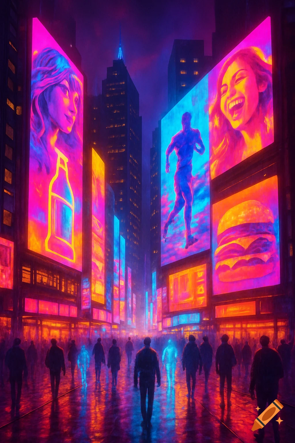 Vibrant neon city street at night with tall buildings, giant glowing billboards displaying ads, and a crowd of people walking below.