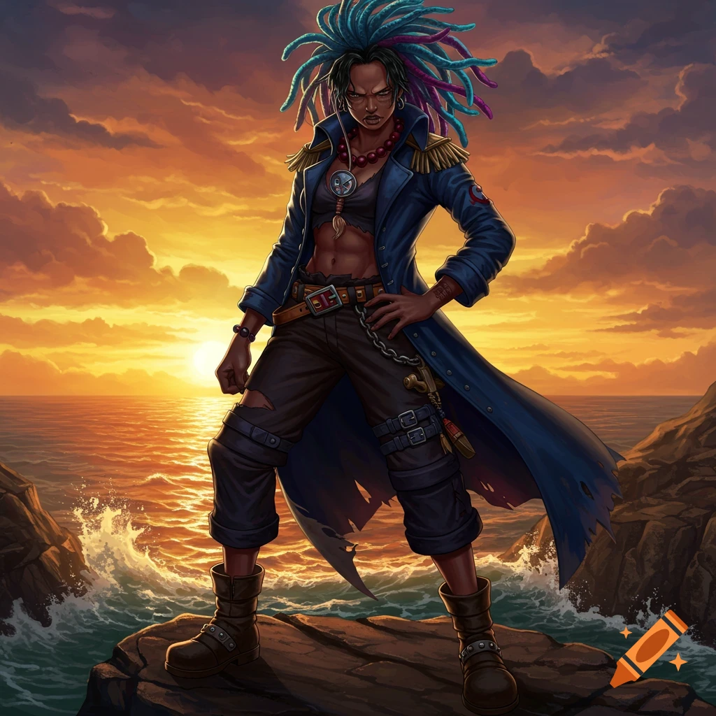 An anime-style dark-skinned woman with vibrant dreadlocks, dressed as a pirate captain in a blue coat, standing on rocks by the ocean at sunset.