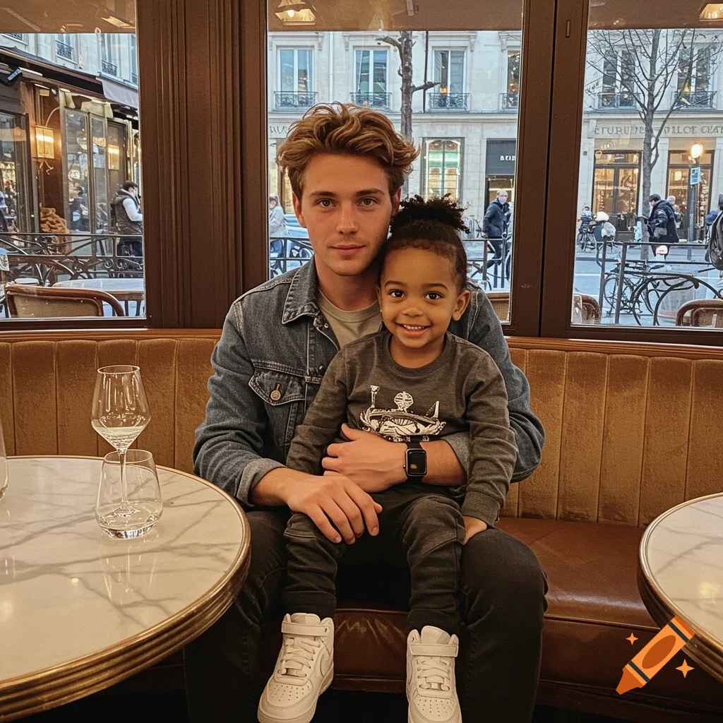 A smiling man with blonde hair in a denim jacket holds a joyful child with curly hair on his lap in a Parisian cafe.