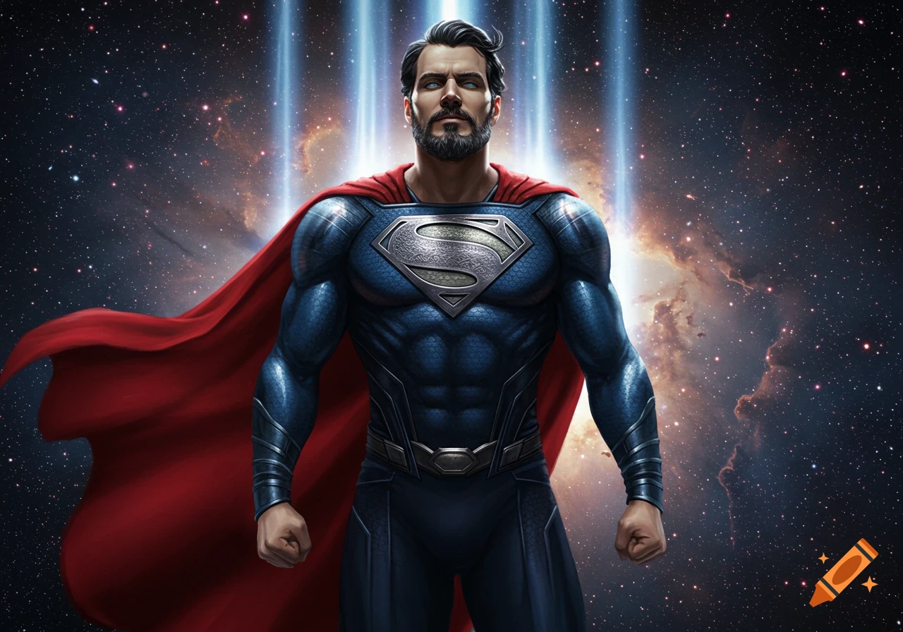 A powerful bearded Superman in a dark blue armored suit with a silver S symbol and red cape stands against a starry galaxy with light beams.