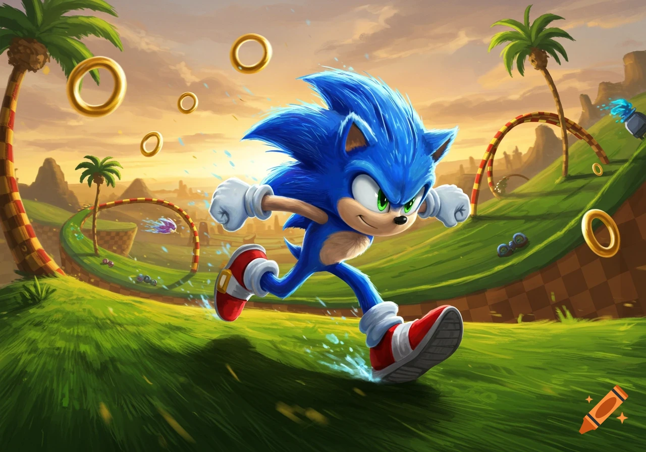 Sonic the Hedgehog runs through a vibrant, grassy landscape with golden rings and palm trees in an animated style.